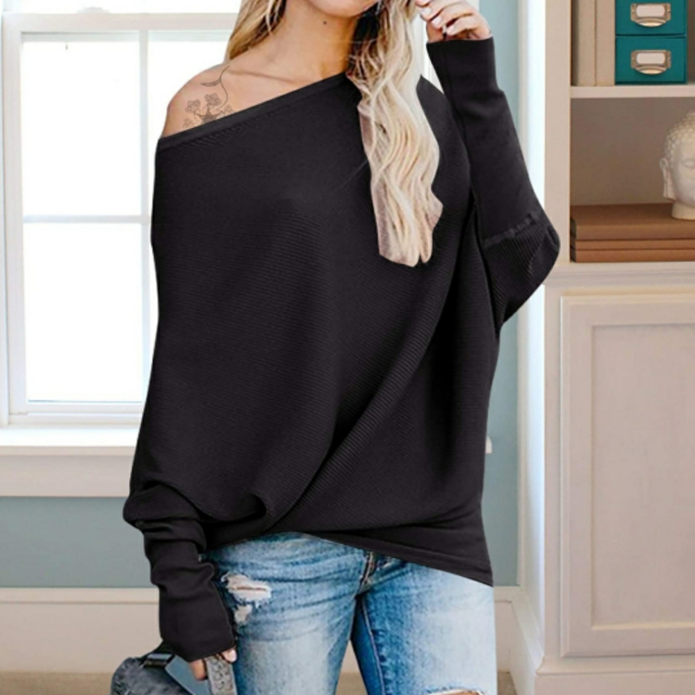 🆕️Off Shoulder Batwing Sleeve Ribbed Shirt Loose - Picture 3 of 5